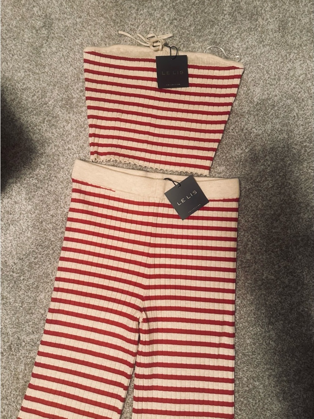 Le Lis Red & Cream Striped Ribbed Wide Leg Pants